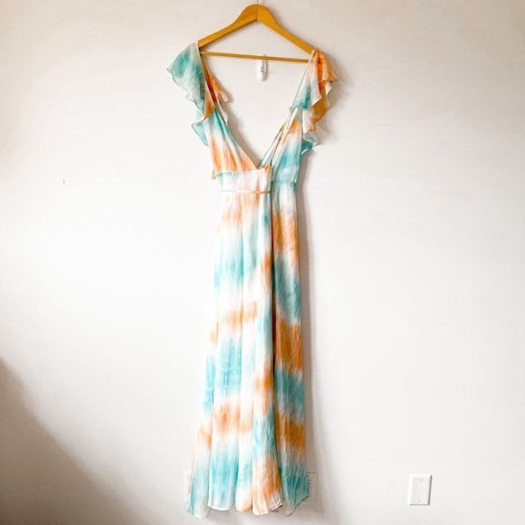Luxxel Blue Orange Tie Dye Chiffon Frill Maxi Dress Blue Orange Sz M - Picture 6 of 11